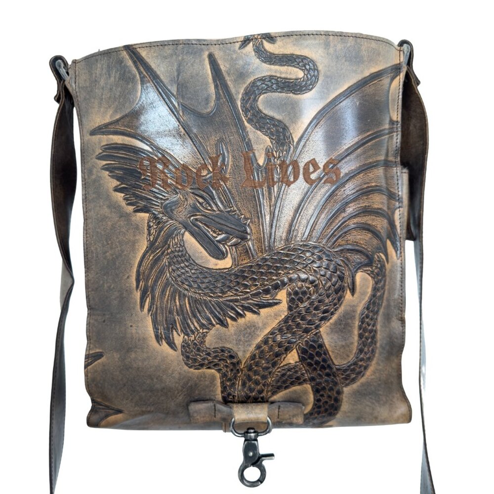 Mark Nason "Rock Never Dies" Rock Lives Dragon Leather Messenger Bag - Picture 6 of 16